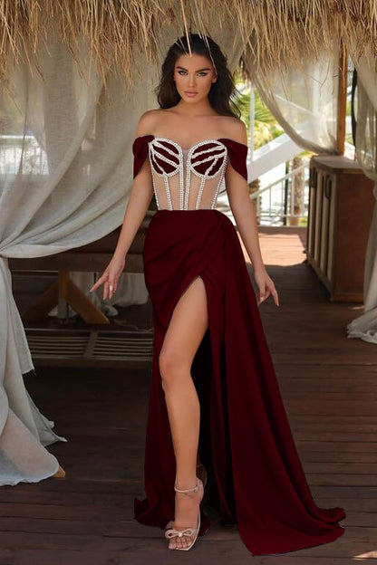 Champagne Ruffles Mermaid Prom Dress Beadings Split With Off The Shoulder