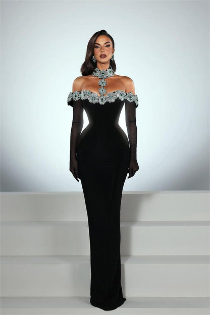 Charming Black Satin Long Sleeves Off the Shoulder Prom Dress with Beadings
