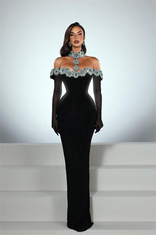 Charming Black Satin Long Sleeves Off the Shoulder Prom Dress with Beadings