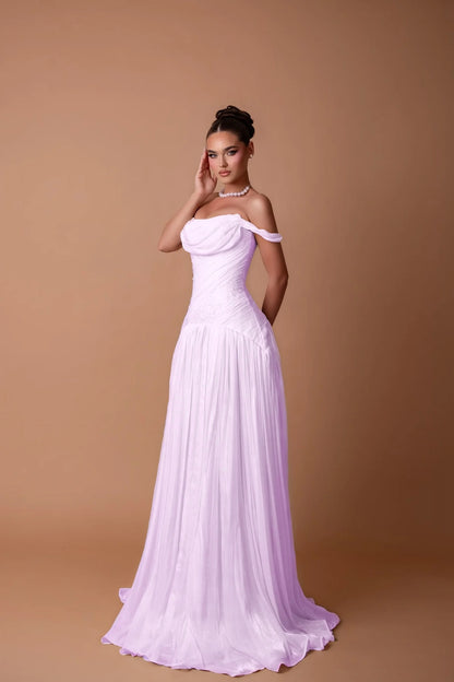 Charming White Off-the-Shoulder A-Line Evening Dress in Chiffon Pleated