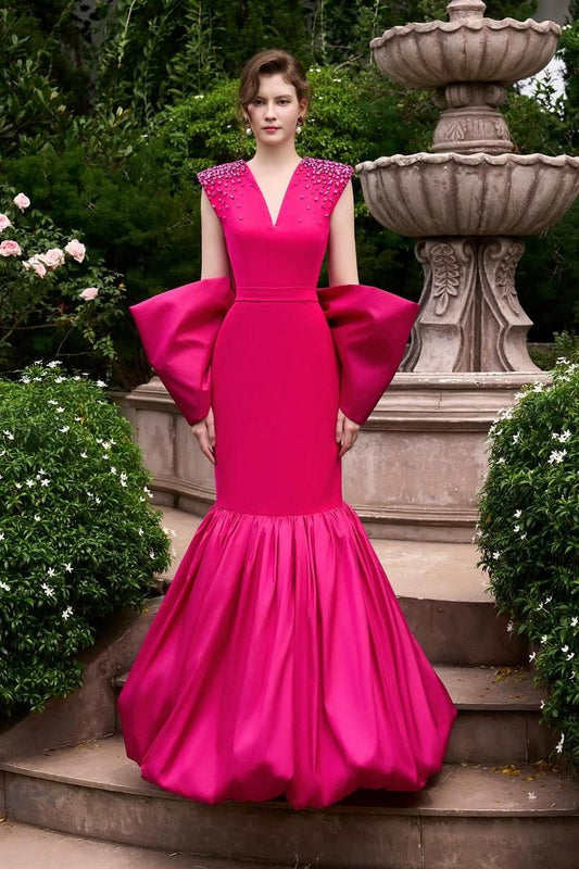 Glamorous Fuchsia Satin Beaded V Neck Mermaid Sleeveless Prom Dress with Bow
