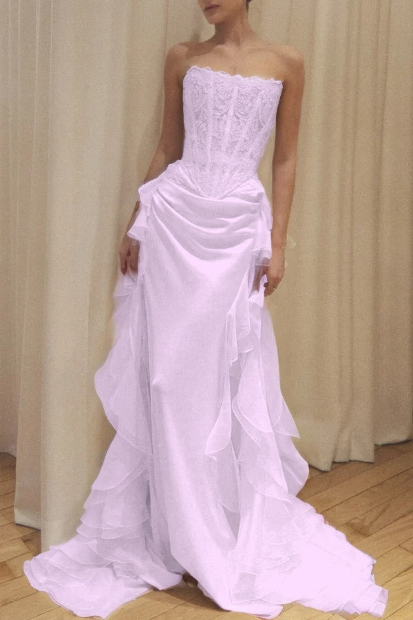 Elegant Ivory Strapless Evening Dress Sleeveless Lace with Train