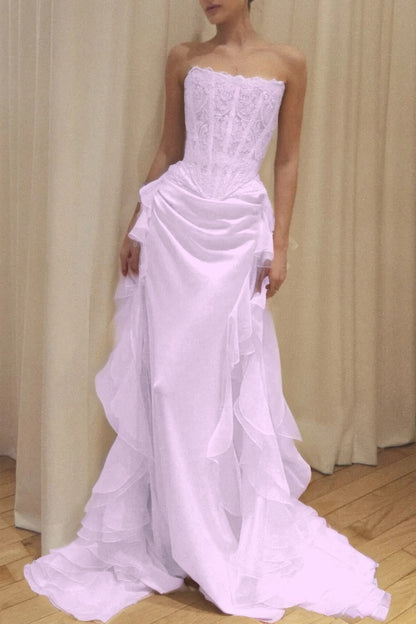 Elegant Ivory Strapless Evening Dress Sleeveless Lace with Train