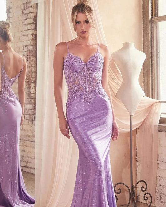 Purple Sleeveless Spaghetti Straps Mermaid Sequins Embrpidery Prom Dress