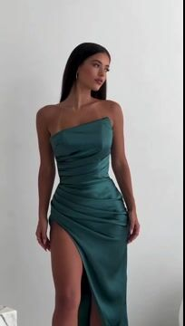 Elegant Teal Strapless Satin Prom Dress With Asymmetric Draping And Thigh-High Split
