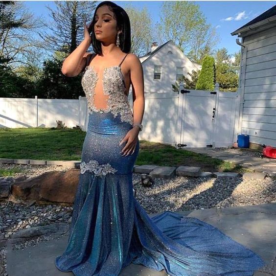 Blue Spaghetti-Straps Prom Dress Mermaid Long With Sequins