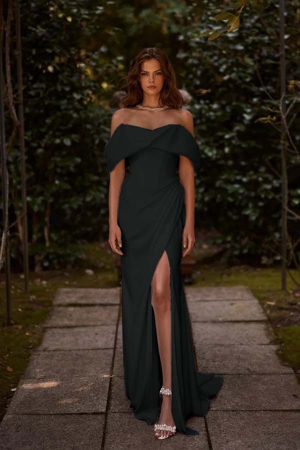 White Off-the-Shoulder Long Prom Dress Split with hand sleeve