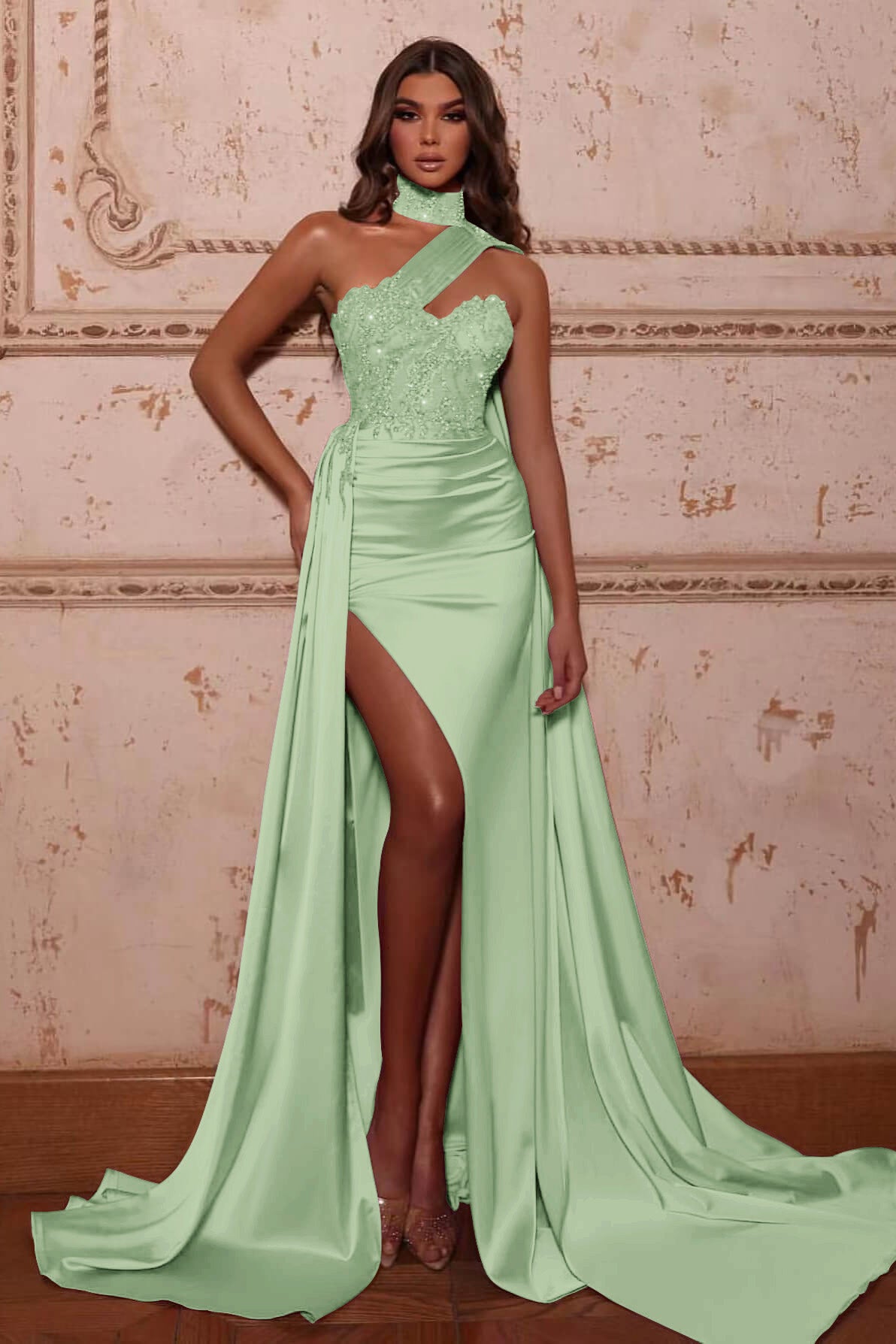 Gorgeous Slit Beads Evening Dress High Neck Mermaid With Ruffles