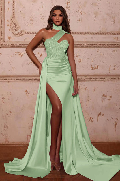 Gorgeous Slit Beads Evening Dress High Neck Mermaid With Ruffles
