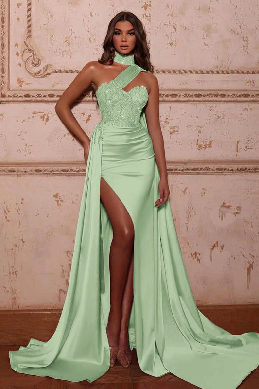 Gorgeous Slit Beads Evening Dress High Neck Mermaid With Ruffles