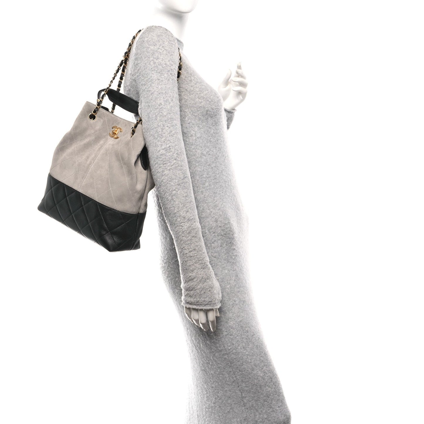 Suede Calfskin Shiny Lambskin Quilted Shopping Bag Grey Black