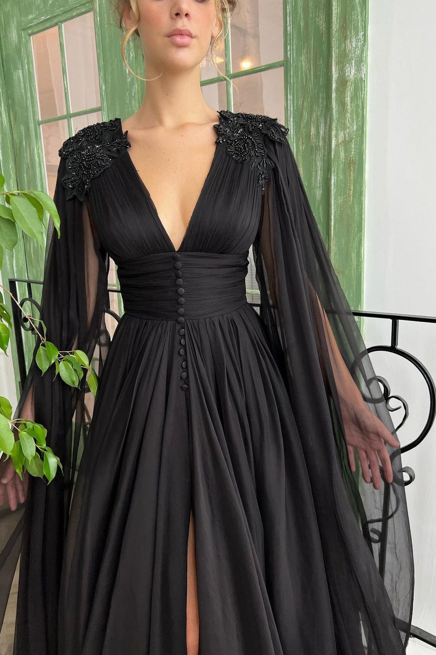 Elegant Black Deep V Neck Tulle Maxi Cocktail Evening Party Dress Front Slit Ruffle Sleeves