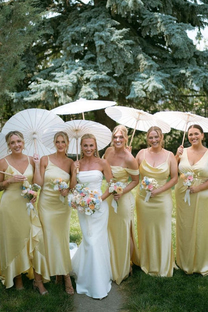 Elegant Sheath Straps Light Yellow Satin Bridesmaid Dress Evening Dress SH3197