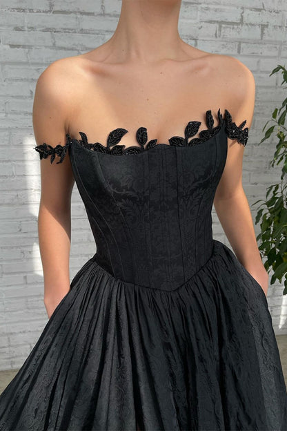 Black A Line Off-The-Shoulder Evening Dress Sleeveless Lace Side Split
