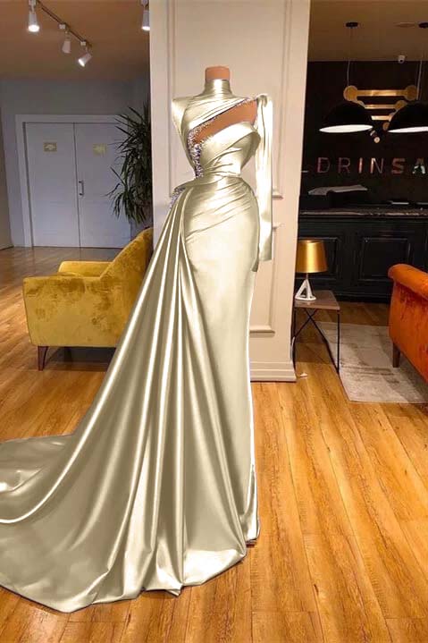 High Neck Long Sleeves Mermaid Prom Dress Beadings With Ruffles