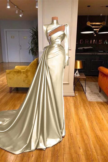 High Neck Long Sleeves Mermaid Prom Dress Beadings With Ruffles
