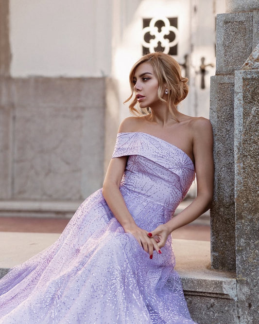 Light Purple Sleeveless Strapless Beads A-Line Prom Dress
