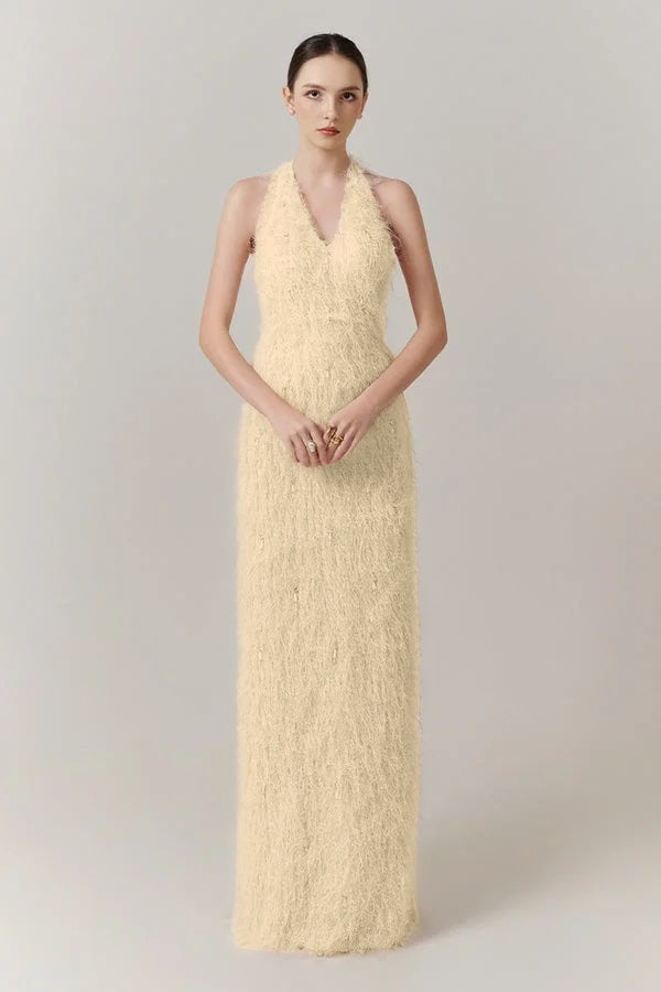 Sleeveless Halter Straps V-Neck Feathered Mermaid Evening Dress with Pearl Details