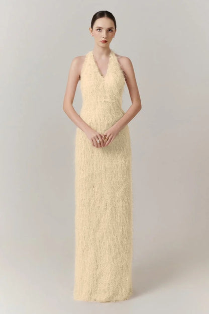 Sleeveless Halter Straps V-Neck Feathered Mermaid Evening Dress with Pearl Details