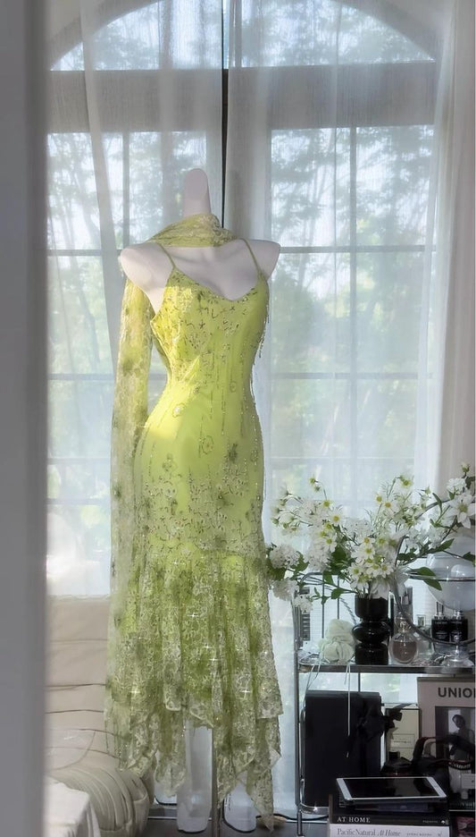 Stunning Mermaid Spaghetti Strap Beaded Green Chiffon Prom Dress Evening Dress SH3210