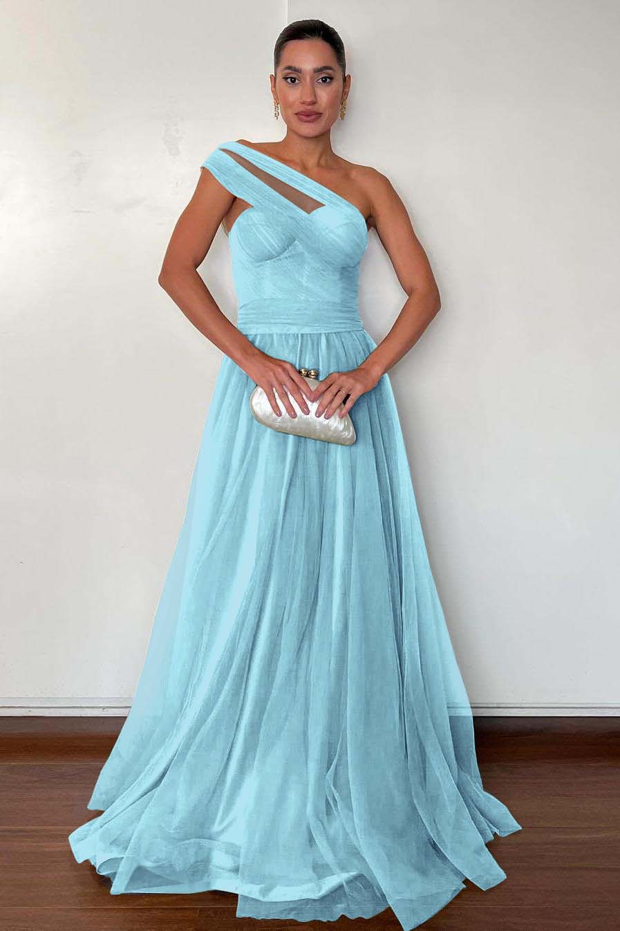 Stunning Green Tulle One Shoulder Sleeveless Long Prom Dress with Pleated