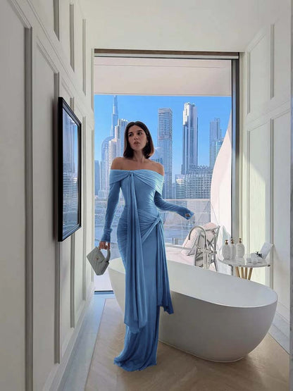 Chic Sky Blue Off-The-Shoulder Long Sleeves Pleated Chiffon Evening Dress