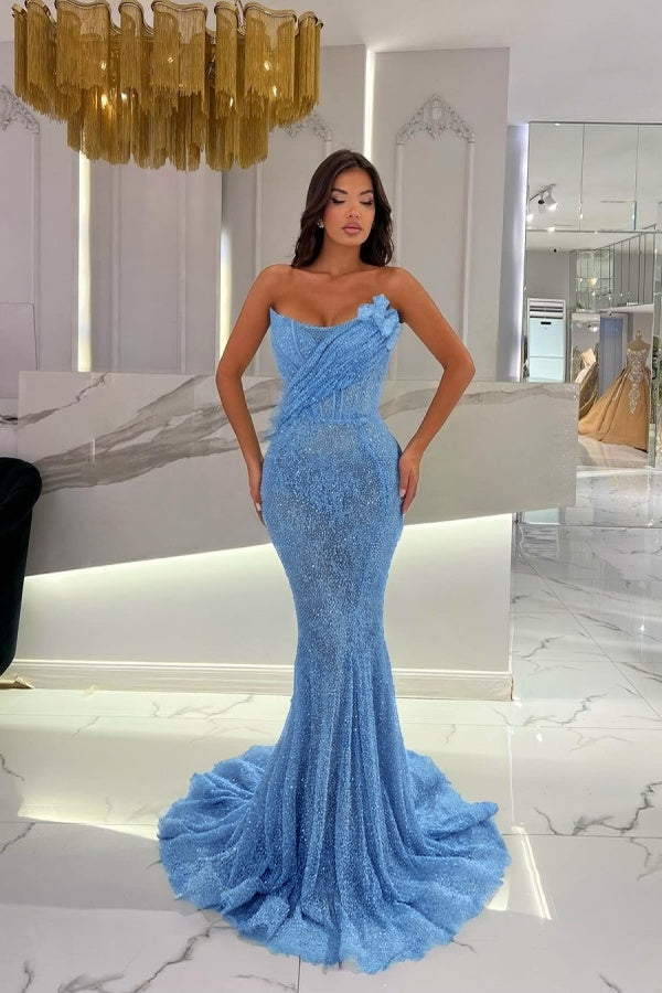 Gorgeous Strapless Sequins Mermaid Prom Dress With 3D-Blumen