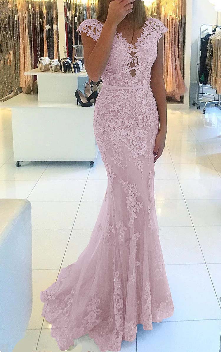 Appliques Mermaid Cap Sleeve Prom Dress