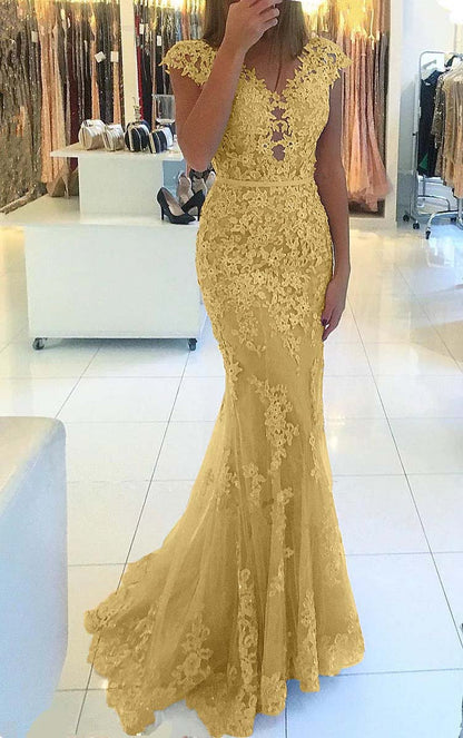 Appliques Mermaid Cap Sleeve Prom Dress