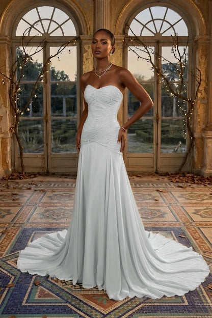 Elegant Dusty Sage Sweetheart Evening Dress in Chiffon with Pleated
