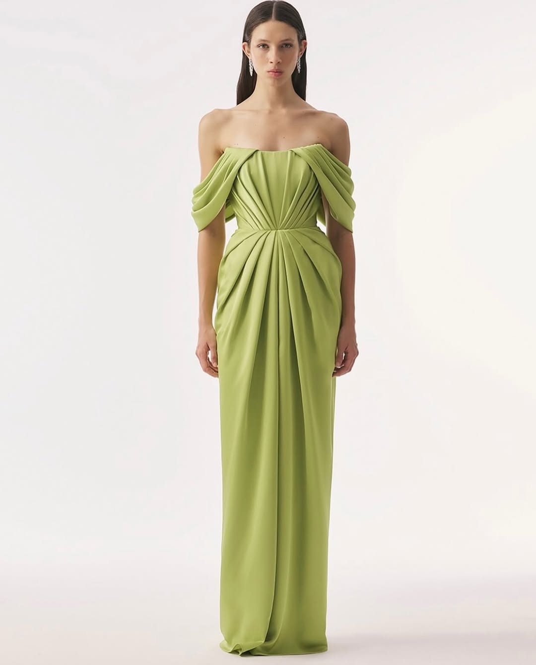 Sleeveless Square Off Shoulders Satin Evening Dress With Pleated