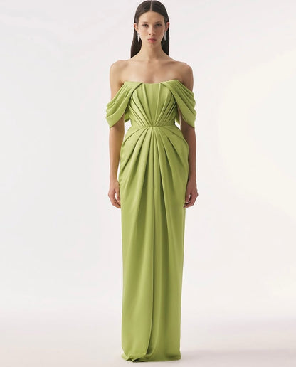 Sleeveless Square Off Shoulders Satin Evening Dress With Pleated