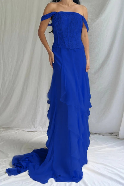 Elegant Ivory Off-Shoulders Evening Dress Sleeveless Ruffles with Applique