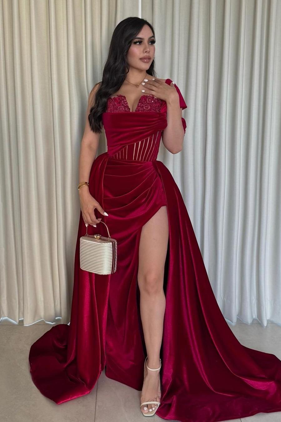 Glamorous Velvet One Shoulder Sleeveless Long Pleated Prom Dress with Split