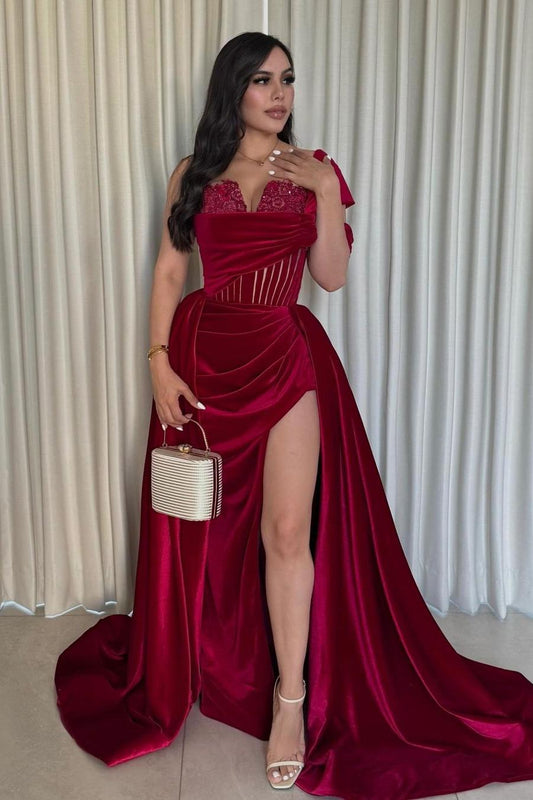 Glamorous Velvet One Shoulder Sleeveless Long Pleated Prom Dress with Split