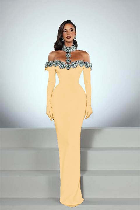 Charming Black Satin Long Sleeves Off the Shoulder Prom Dress with Beadings