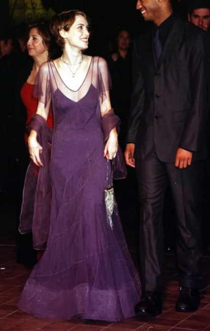 Charming A Line V Neck Purple Tulle Long Party Dress Evening Dress SH2823