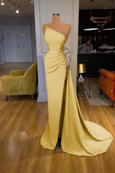 Spaghetti-strap Sequins One Shoulder Mermaid Prom Dress With Split
