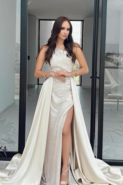 Charming Ivory Sequins Sleeveless One Shoulder Long Prom Dress with Split