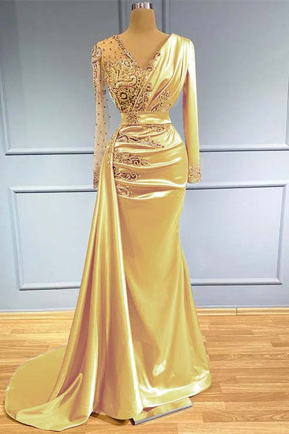 Long Sleeves Beadings Prom Dress V Neck Mermaid