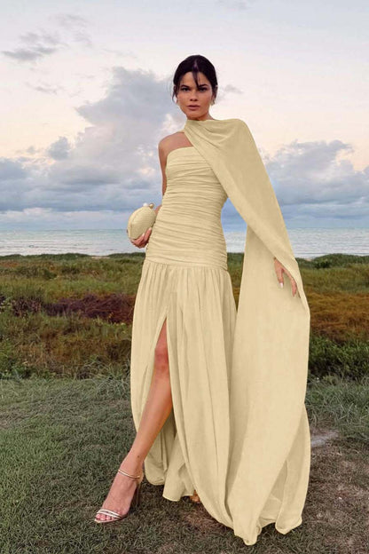 Elegant Daffodil Chiffon Strapless Sleeveless Split Prom Dress with Scarf