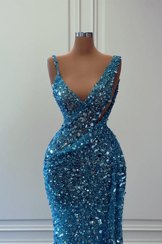 Blue Sleeveless Sequins Long Mermaid Prom Dress