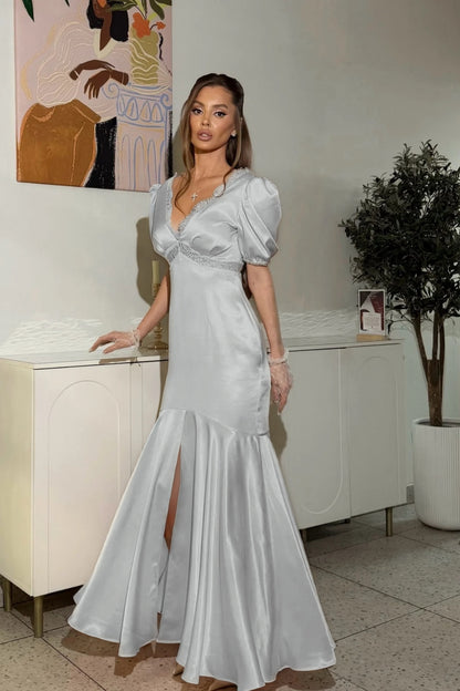 Blushing Pink V-Neck Mermaid Evening Dress Puff sleeves Floor Length with Lace