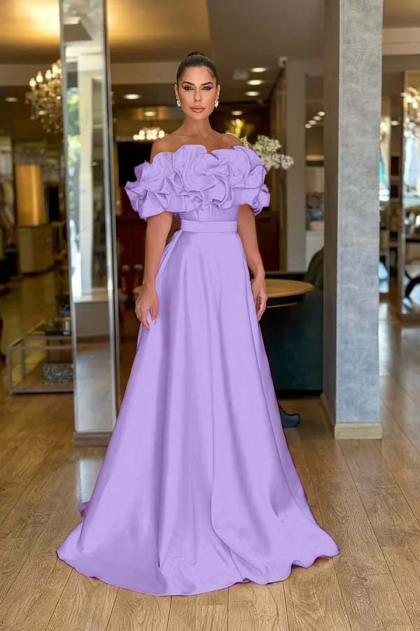 Lovely Pink Off-The-Shoulder Prom Dress With Handmade Flower
