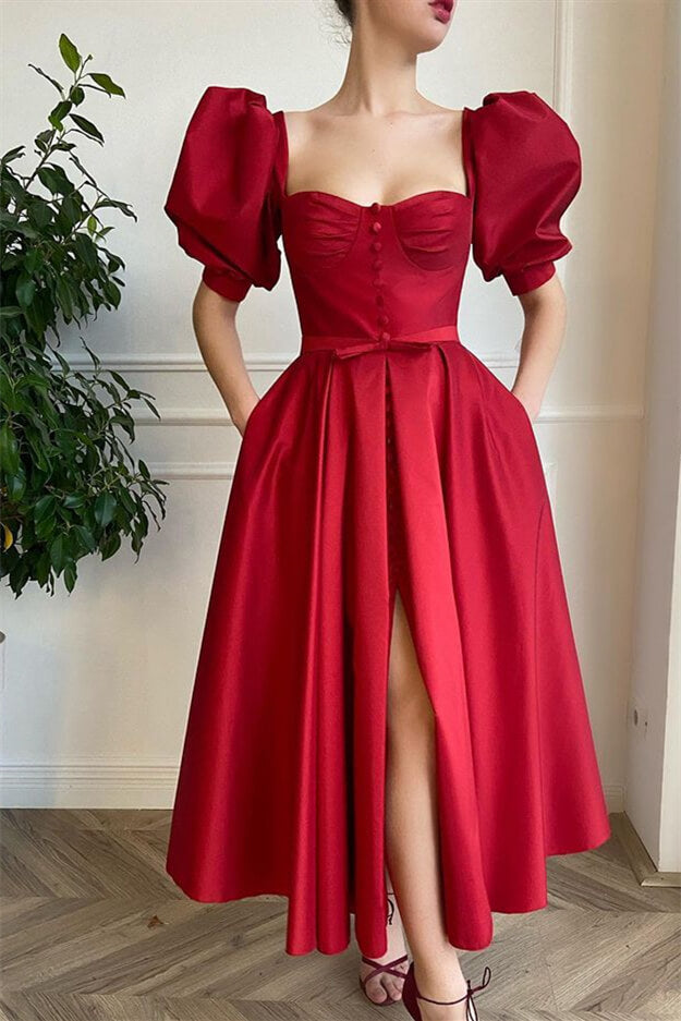 Front Split Short Prom Dress Square With Short Sleeves Wine Red Online