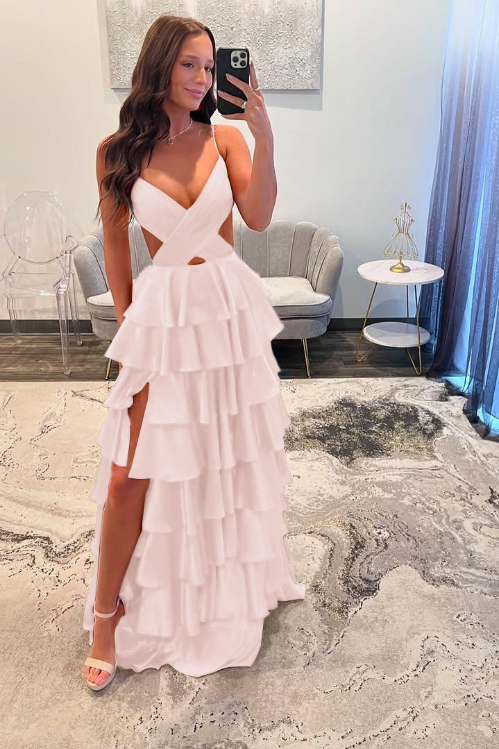 Stunning Red Spaghtti Strap V Neck Sleeveless Split Prom Dress with Ruffles