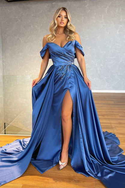 Blue Off-the-Shoulder Split Prom Dress Overskirt With Beadings