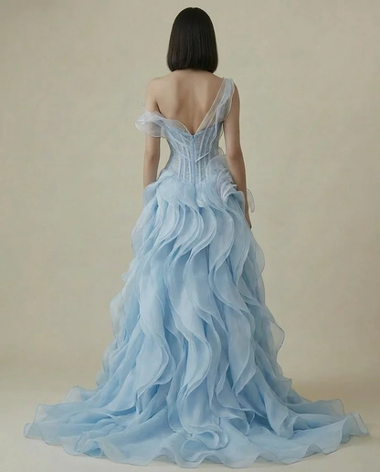 Dreamy Sky Blue V-Neck Pleated Ruffles Long Evening Dress