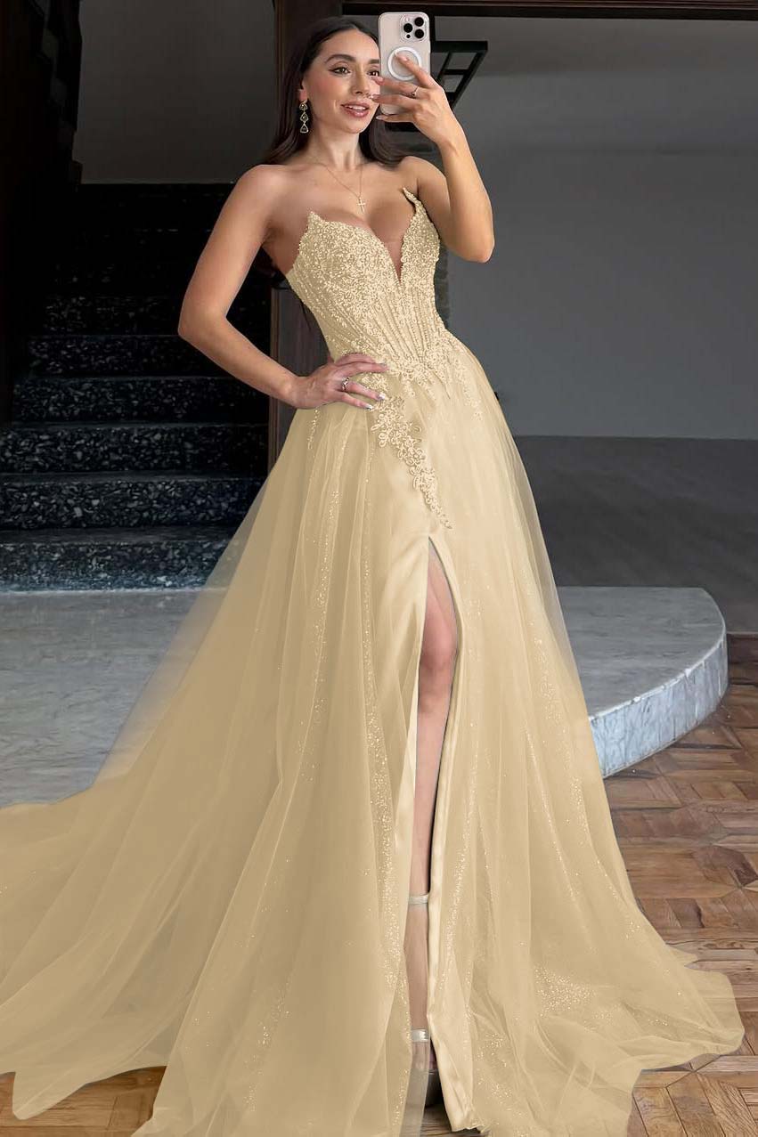 Sleeveless V-Neck A-Line Prom Dress With Embroidery