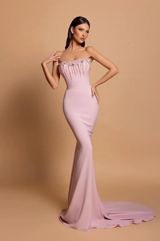 Strapless Pink Sleeveless Long Mermaid Beading Evening Dress
